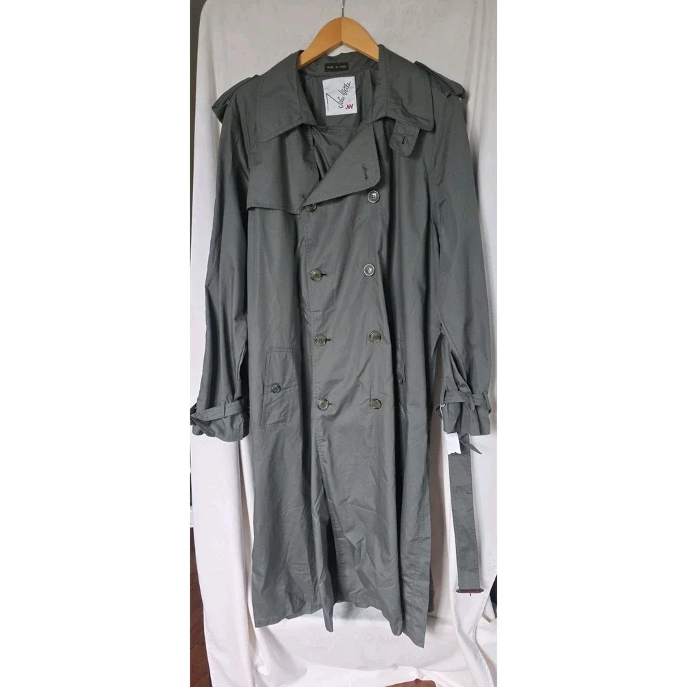 John Weitz Vtg Mens Double Breasted Trench Coat 42L Olive Grey Duster